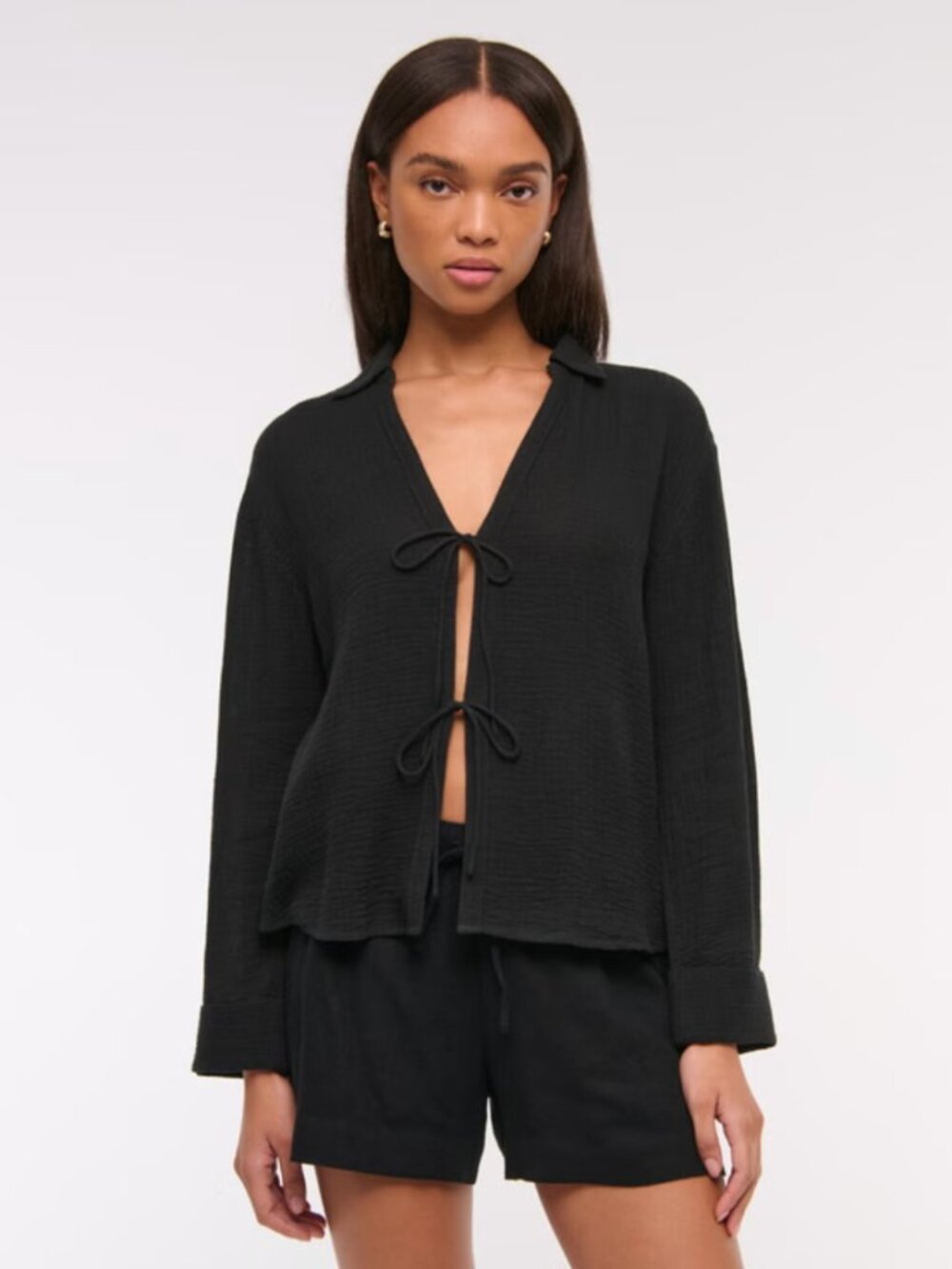 Abercrombie & Fitch | Long-Sleeve Oversized Tie-Front Gauzy Shirt Black Size XL